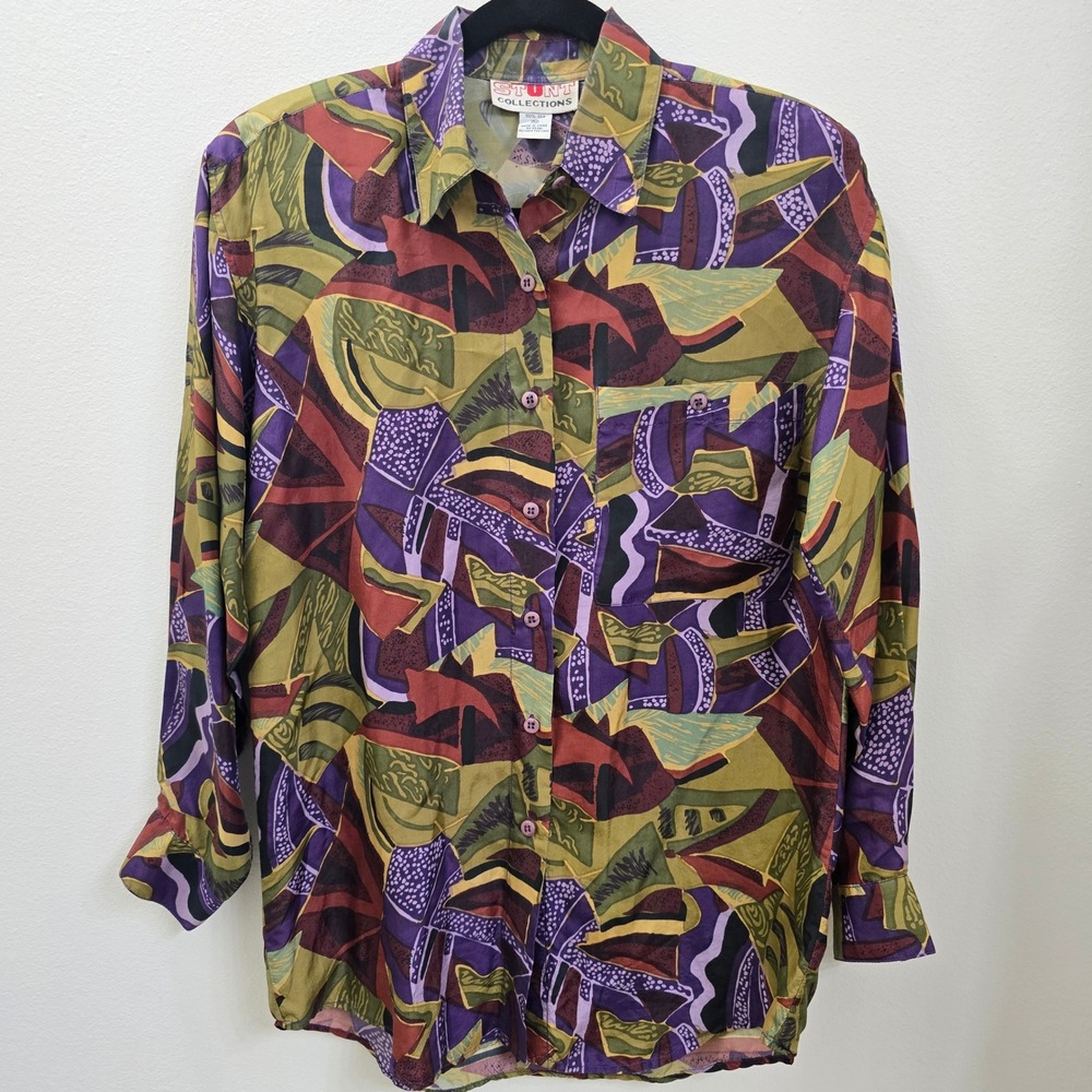 Vintage Stunt Collections 100%‎ Silk Abstract Geometric Button Down Shirt PM